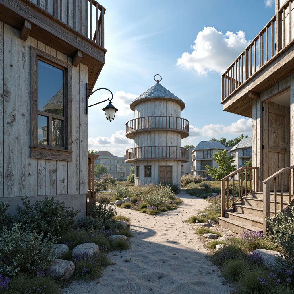 Prompt: Weathered wooden towers, rustic nautical details, ocean-inspired color palette, soothing blues and whites, sandy neutrals, sea-salt sprays, driftwood accents, rope-wrapped railings, lantern-style lighting, misty morning atmosphere, soft warm sunlight, shallow depth of field, 1/2 composition, realistic textures, ambient occlusion.