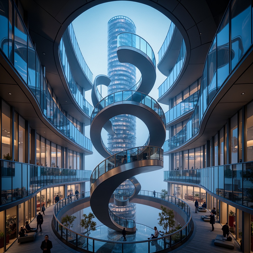 Prompt: Twisting spiral staircase, undulating balconies, flowing curves, futuristic watching tower, sleek metallic surfaces, iridescent glass fa\u00e7ades, shimmering LED lights, celestial observatory, stargazing platform, atmospheric mist, soft ethereal glow, shallow depth of field, 1/1 composition, symmetrical architecture, minimalist interior design, luxurious lounge seating, ambient occlusion, realistic reflections.