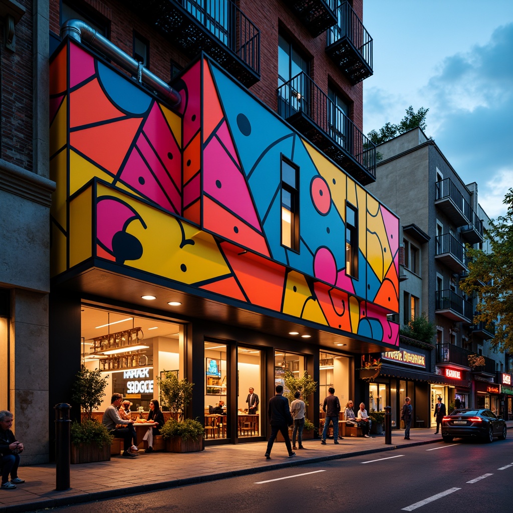 Prompt: Vibrant restaurant facade, expressionist architecture, bold geometric shapes, bright primary colors, abstract patterns, irregular forms, dynamic lighting effects, neon signs, metallic accents, industrial materials, exposed ductwork, urban cityscape, bustling streets, evening atmosphere, warm golden lighting, shallow depth of field, 1/1 composition, dramatic shadows, high-contrast textures.