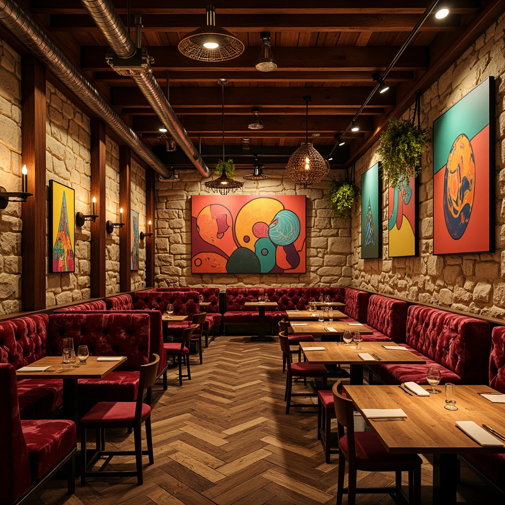 Prompt: Vibrant restaurant interior, rich wood textures, ornate metal fixtures, luxurious velvet fabrics, bold colorful patterns, eclectic decorative accents, distressed stone walls, reclaimed wooden tables, vintage industrial lighting, warm golden tones, dramatic shadows, high contrast ratio, cinematic composition, shallow depth of field, 1/2 camera angle, expressionist brushstrokes, abstract geometric shapes.