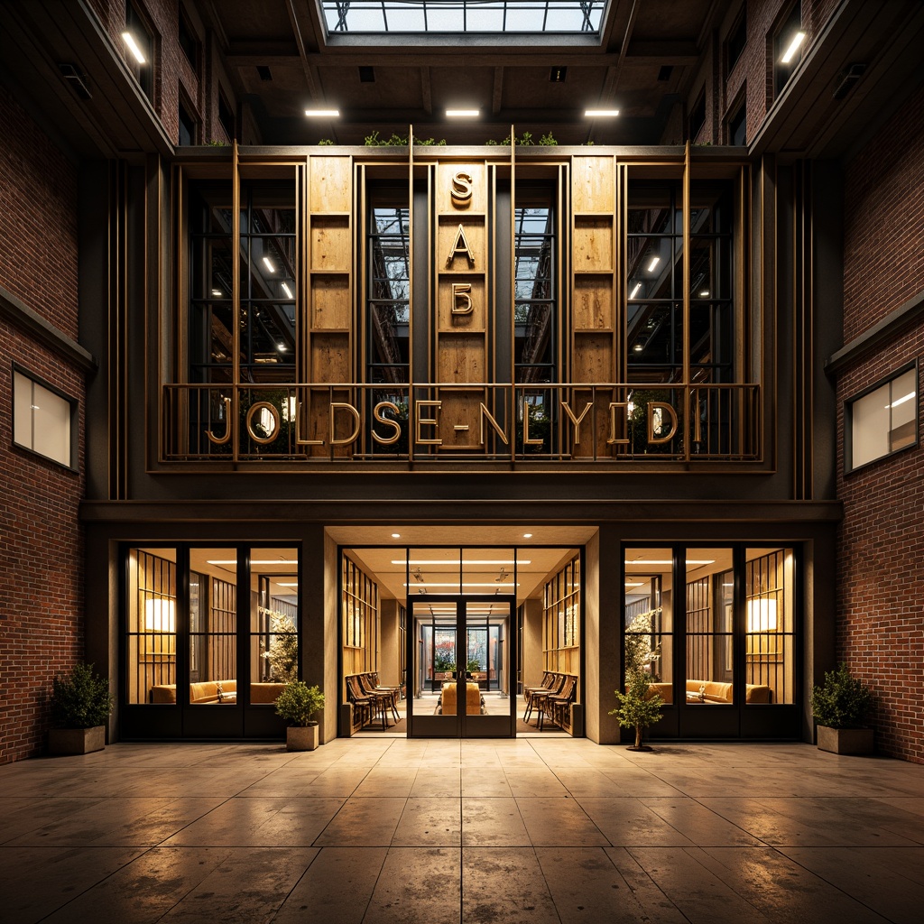 Prompt: Geometric factory facade, Art Deco patterns, metallic materials, industrial chic, ornate decorations, symmetrical composition, bold typography, vintage machinery, exposed brick walls, steel beams, polished concrete floors, grand entrance gates, dramatic spotlights, warm golden lighting, low-angle shot, 1/2 composition, realistic reflections, ambient occlusion.