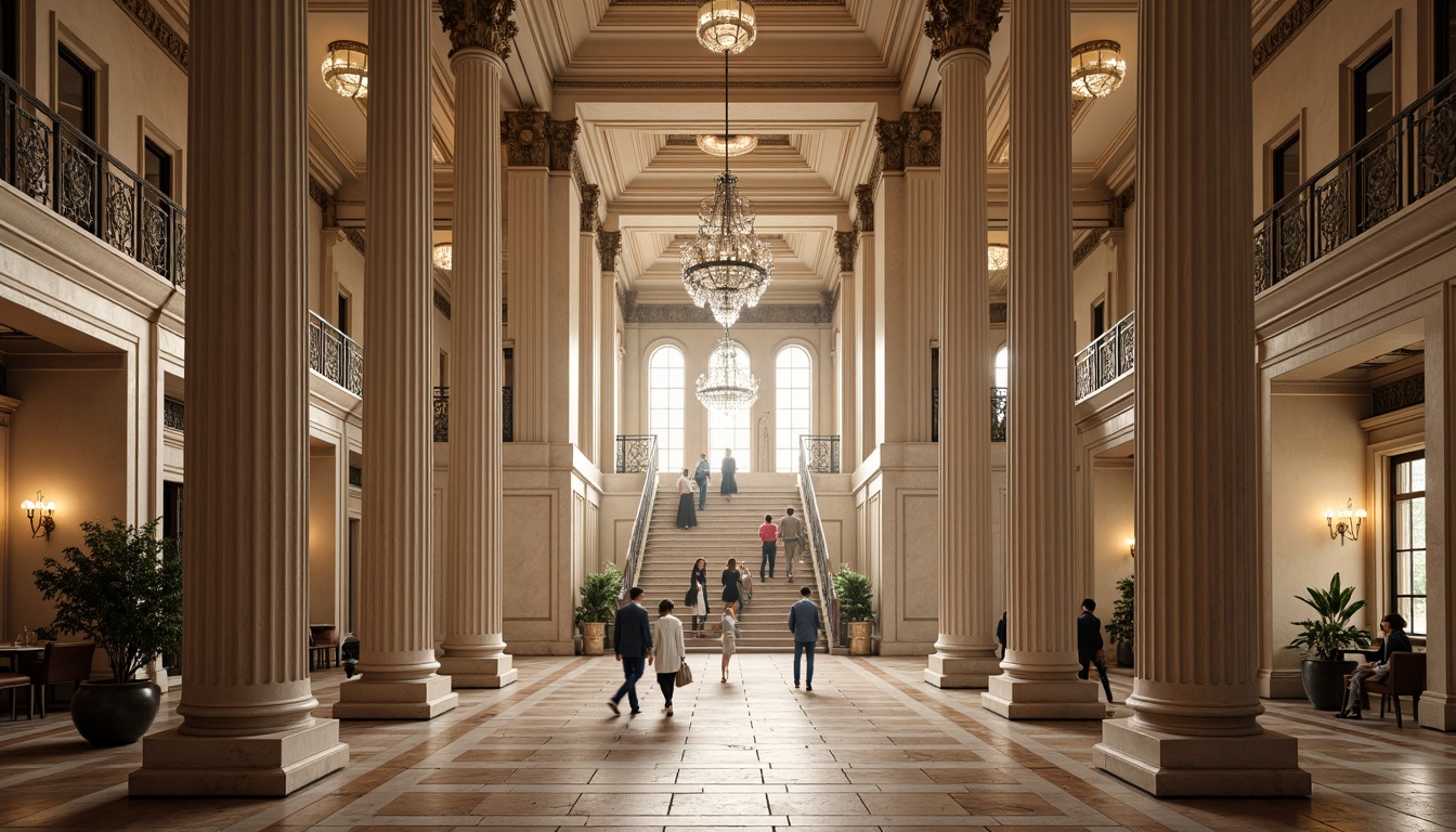 Prompt: Grandiose columns, ornate capitals, symmetrical facades, rusticated bases, arched windows, pediments, balustrades, carved stone decorations, intricate moldings, grand entranceways, sweeping staircases, high ceilings, marble floors, crystal chandeliers, soft warm lighting, shallow depth of field, 1/1 composition, realistic textures, ambient occlusion.