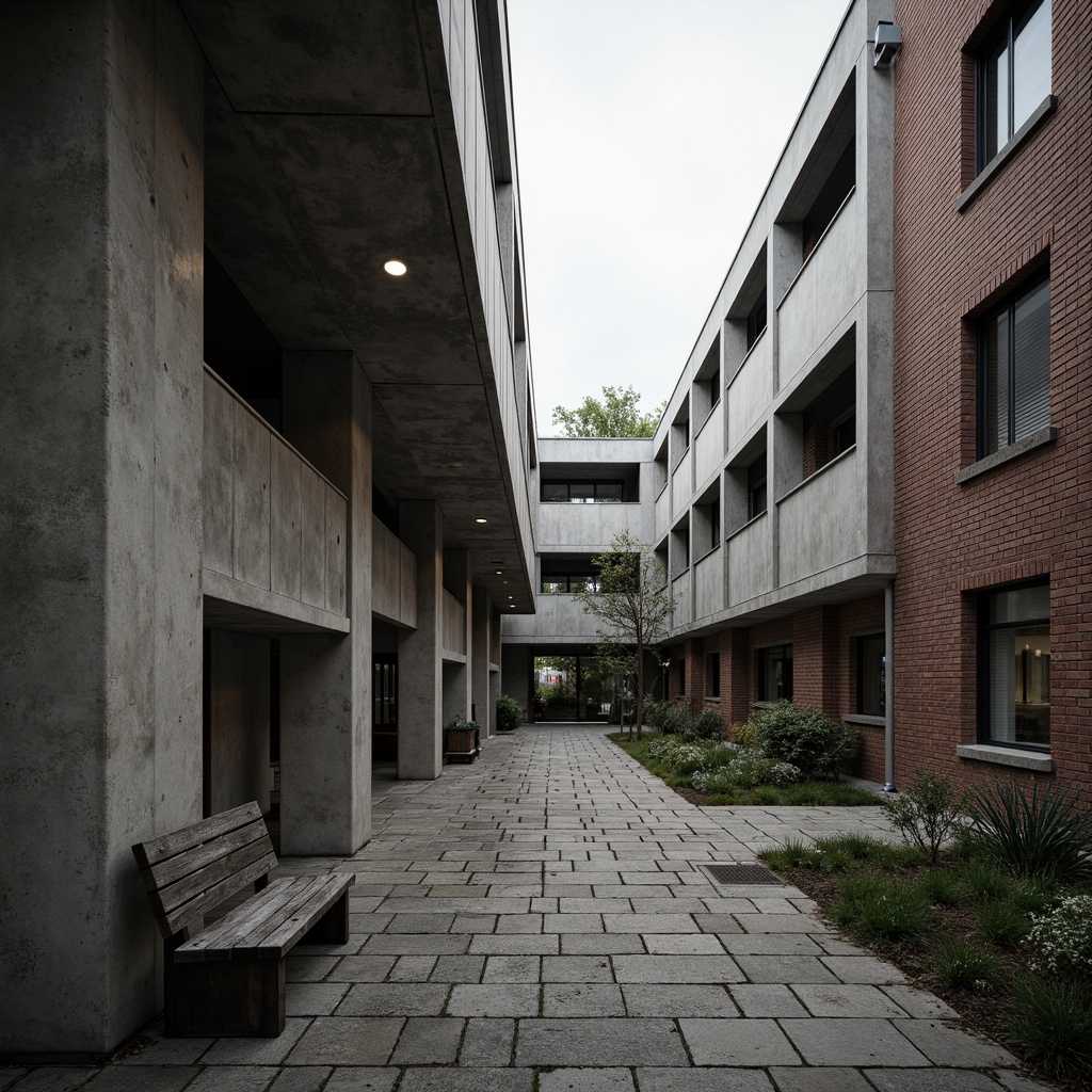 Prompt: Rough-hewn concrete walls, exposed ductwork, industrial metal beams, raw brick facades, brutalist campus buildings, rugged stone pathways, weathered wooden benches, distressed metal railings, urban landscape, overcast skies, dramatic shadows, high-contrast lighting, abstract compositions, moody atmospheric effects, realistic material textures, ambient occlusion.