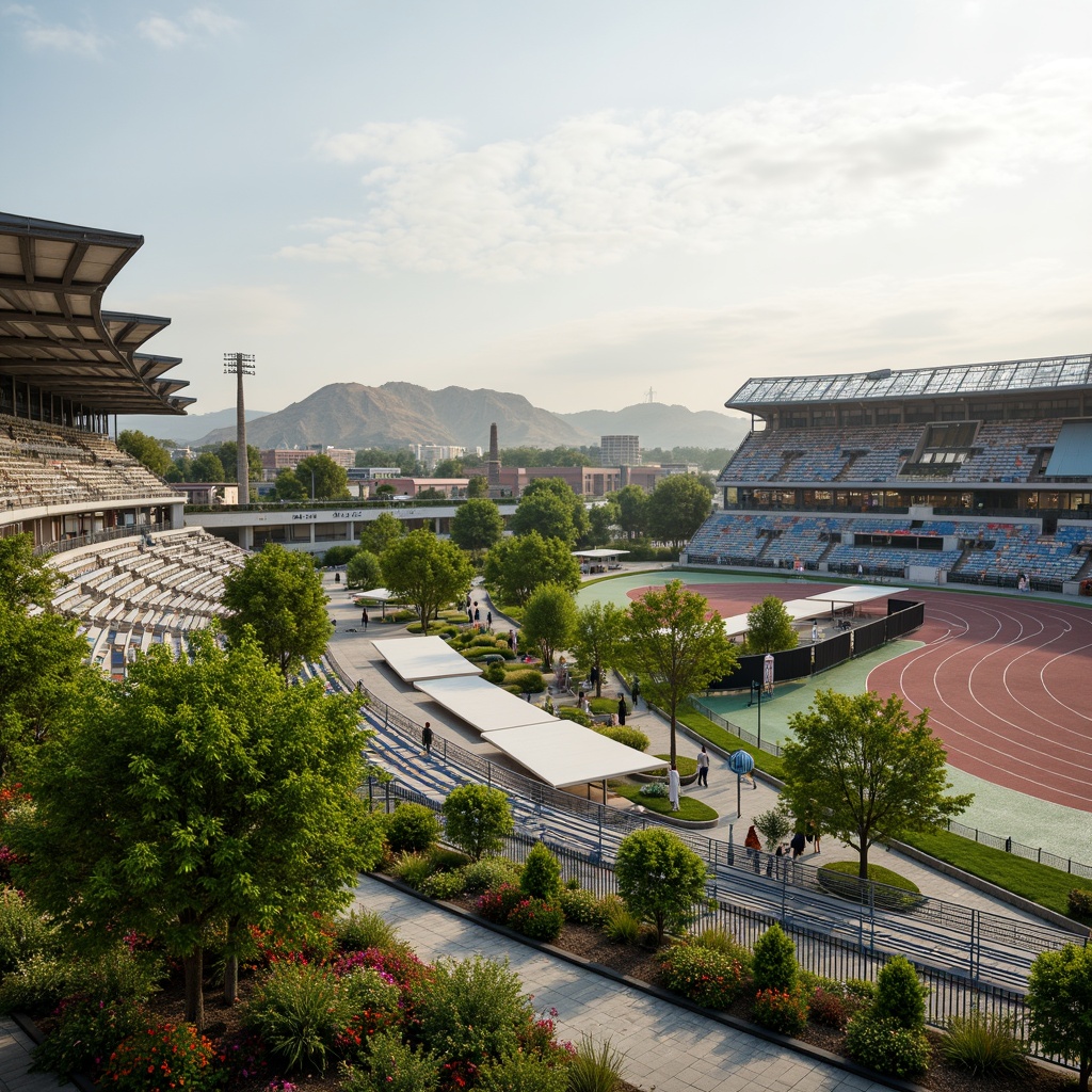 Prompt: Panoramic stadium views, lush greenery, rolling hills, natural stone seating areas, curved walkways, vibrant flower beds, sports facilities, athletic tracks, modern architecture, sleek metal structures, glass roofs, cantilevered canopies, shaded concourses, misting systems, innovative cooling technologies, eco-friendly materials, sustainable energy solutions, solar panels, wind turbines, water conservation systems, green roofs, Arabic-inspired patterns, vibrant colorful textiles, intricate geometric motifs, warm sunny day, soft warm lighting, shallow depth of field, 3/4 composition.