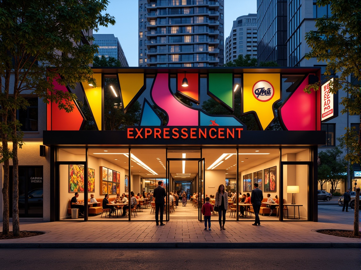 Prompt: Vibrant restaurant facade, expressionist architecture, bold geometric shapes, bright primary colors, abstract patterns, irregular forms, dynamic lighting effects, neon signs, metallic accents, industrial materials, exposed ductwork, urban cityscape, bustling streets, evening atmosphere, warm golden lighting, shallow depth of field, 1/1 composition, dramatic shadows, high-contrast textures.