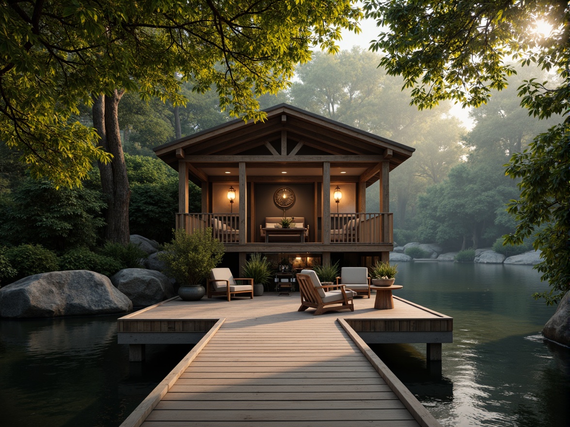 Prompt: Rustic boathouse, wooden dock, serene lakefront, lush greenery, overhanging trees, natural stone walls, weathered wood accents, nautical ropes, lantern-style lighting, warm golden tones, soft misty atmosphere, shallow depth of field, 1/1 composition, symmetrical framing, realistic water reflections, ambient occlusion.