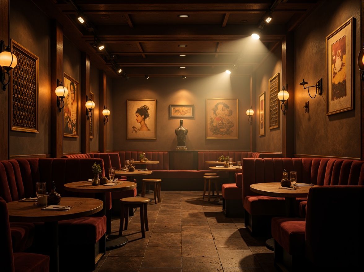 Prompt: Moody restaurant interior, warm golden lighting, soft shadows, dramatic spotlights, rich wood accents, luxurious velvet fabrics, ornate metal fixtures, eclectic art pieces, vintage decorative items, distressed textures, atmospheric mist, cinematic color grading, high contrast ratio, 1/2 composition, shallow depth of field, warm color temperature, intimate ambiance.