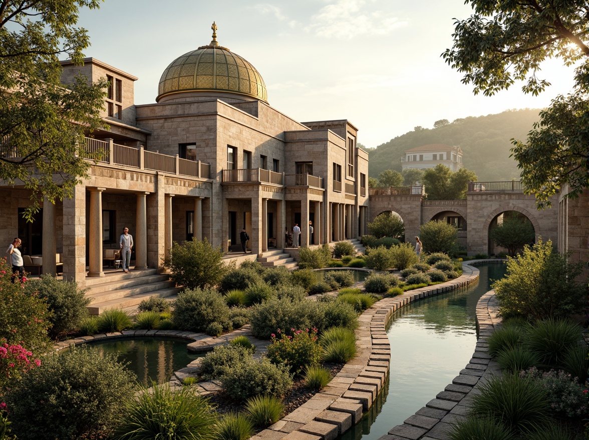 Prompt: Majestic Byzantine-style buildings, intricately carved stone facades, golden domes, ornate mosaics, lush greenery, blooming flowers, serene water features, meandering pathways, rustic stone walls, ancient olive trees, warm Mediterranean sunlight, soft warm lighting, shallow depth of field, 3/4 composition, panoramic view, realistic textures, ambient occlusion.