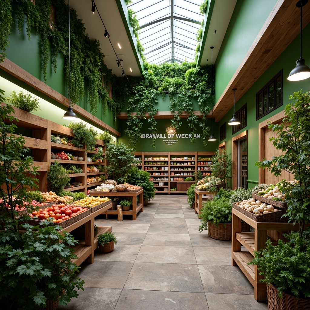 Prompt: Vibrant green walls, living plants, natural stone flooring, reclaimed wood accents, earthy color palette, organic produce displays, botanical-inspired signage, rustic wooden crates, woven basket shelves, abundant natural light, clerestory windows, skylights, warm ambient lighting, 3/4 composition, shallow depth of field, realistic textures, ambient occlusion.