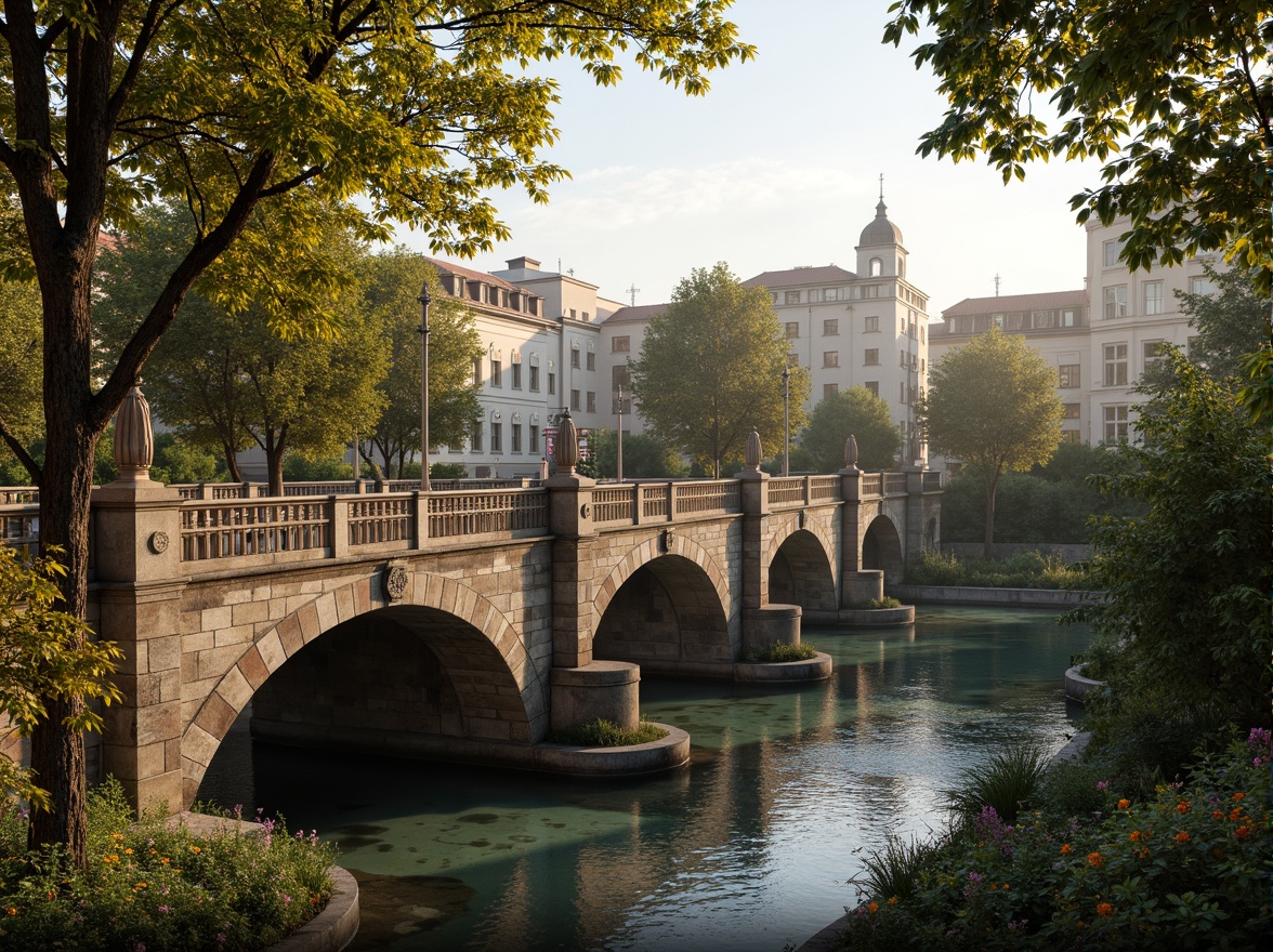 Prompt: Ancient stone bridges, ornate balustrades, rustic arches, weathered stonework, moss-covered piers, gentle water flow, serene riverbanks, lush greenery, vibrant flowers, historic cityscape, warm golden lighting, soft misty atmosphere, shallow depth of field, 3/4 composition, panoramic view, realistic textures, ambient occlusion.