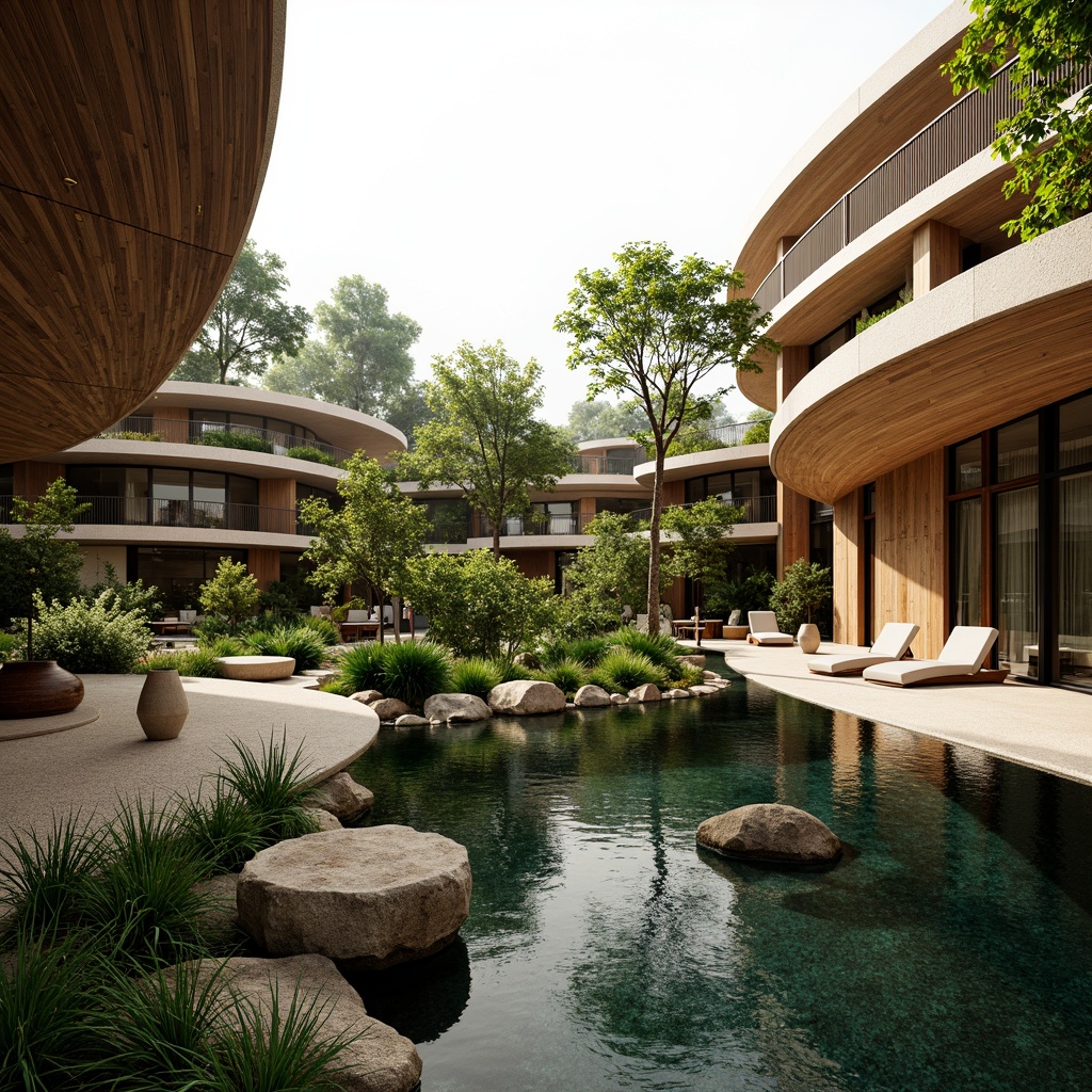 Prompt: Seamless blend of architecture and nature, organic curves, rustic wooden accents, earthy tones, lush green roofs, living walls, natural stone foundations, cantilevered structures, minimalist design, open floor plans, floor-to-ceiling windows, sliding glass doors, panoramic views, soft warm lighting, shallow depth of field, 3/4 composition, realistic textures, ambient occlusion.