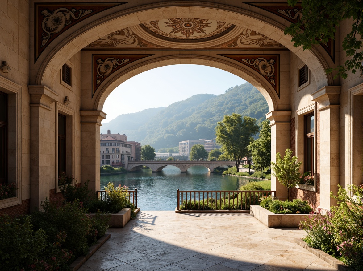 Prompt: Elegant archways, ornate stone carvings, rustic brick facades, grandiose bridge structures, serene water reflections, lush greenery, vibrant flowers, majestic river views, sunny day, soft warm lighting, shallow depth of field, 3/4 composition, panoramic view, realistic textures, ambient occlusion, Renaissance-inspired ornateness, classical columns, symmetrical architecture, decorative balustrades, intricate stonework, weathered copper details, ornate metal railings.