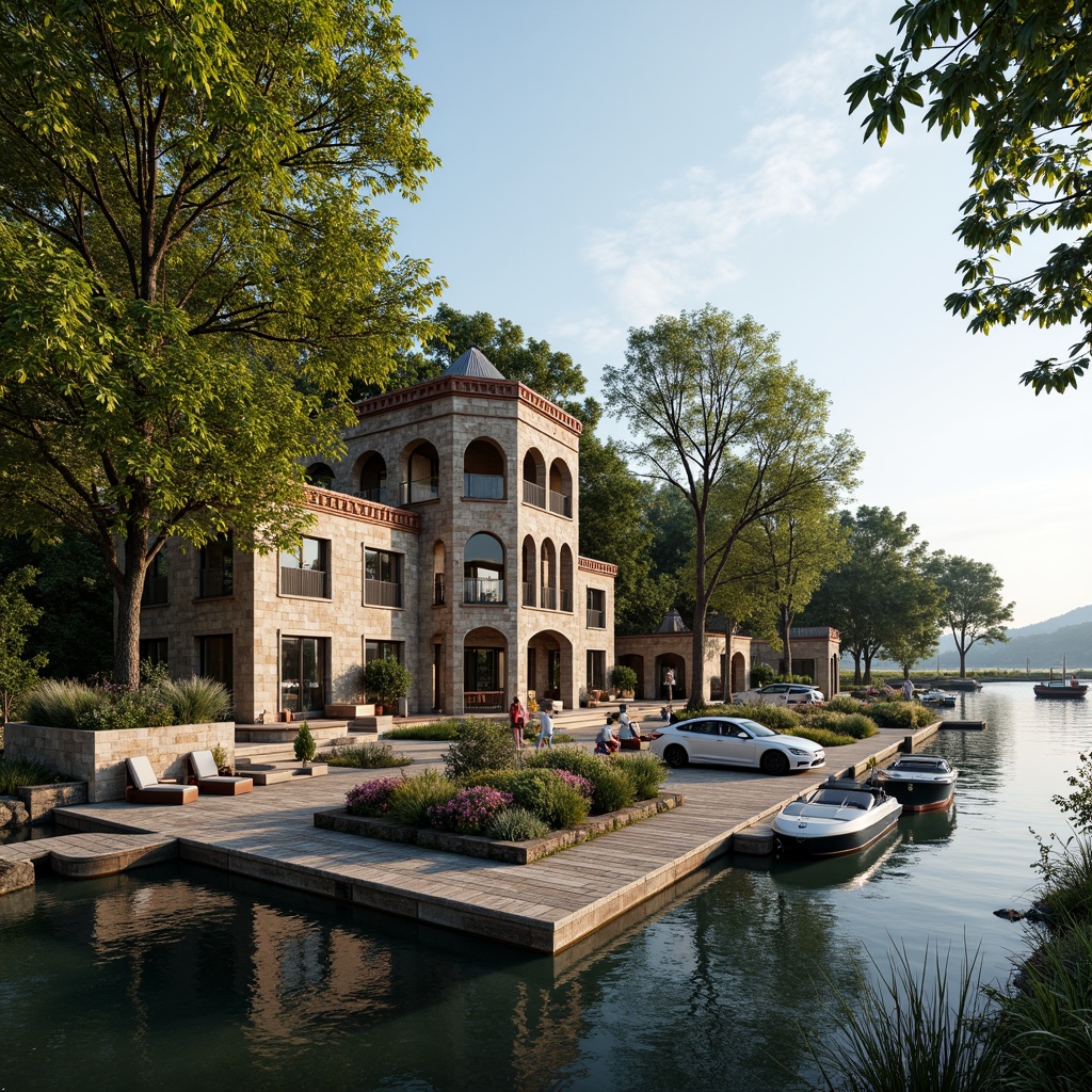 Prompt: Waterfront location, rustic wooden docks, lush greenery, overhanging trees, tranquil lake views, Romanesque-inspired boathouse design, stone walls, arched windows, terra cotta roofing, natural materials, eco-friendly construction, solar panels, rainwater harvesting systems, living roofs, green walls, recycled wood accents, nautical-themed decor, vintage boat displays, warm cozy lighting, shallow depth of field, 1/2 composition, soft focus, realistic textures, ambient occlusion.