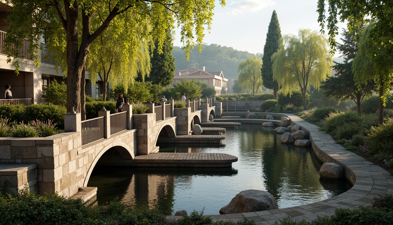 Prompt: Rustic stone bridges, ornate balustrades, lush greenery, vibrant flowers, meandering waterways, serene lakes, majestic willow trees, natural rock formations, weathered wooden docks, charming pedestrian paths, soft warm lighting, shallow depth of field, 3/4 composition, panoramic view, realistic textures, ambient occlusion, tranquil atmosphere, gentle water ripples, subtle mist effects.