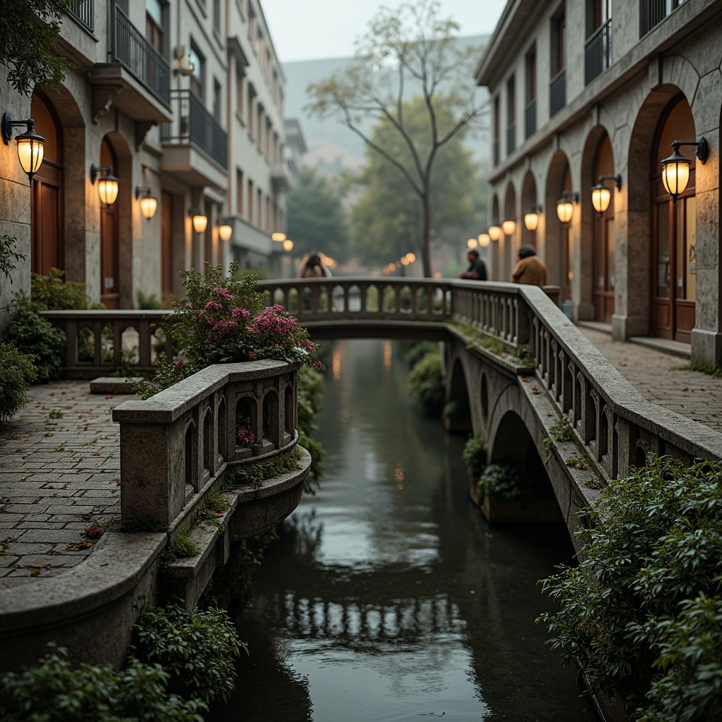 Prompt: Ornate balustrades, intricately carved stone railings, grandiose bridge architecture, sweeping curves, majestic arches, ornamental lanterns, decorative metalwork, rustic stonework, moss-covered surfaces, serene water reflections, soft warm lighting, misty atmosphere, shallow depth of field, 1/2 composition, realistic textures, ambient occlusion.