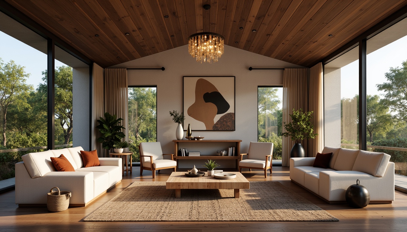 Prompt: Cozy living room, plush sofas, velvet armchairs, wooden coffee tables, soft warm lighting, floor-to-ceiling windows, natural stone walls, modern minimalist decor, abstract artwork, woven rugs, comfortable throw pillows, elegant chandeliers, subtle color palette, calming atmosphere, shallow depth of field, 1/1 composition, realistic textures, ambient occlusion.