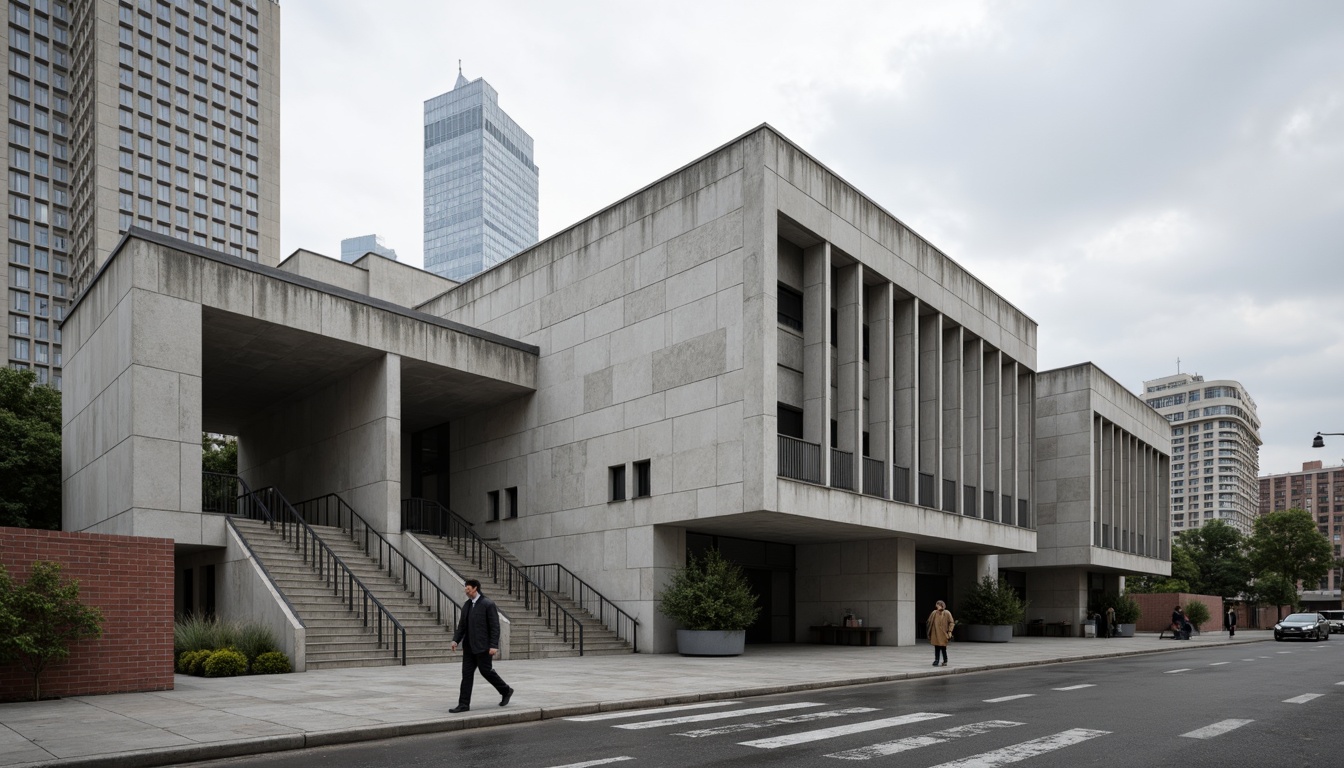 Prompt: Rugged elementary school facade, brutalist architecture, raw concrete walls, fortress-like structure, geometric shapes, bold lines, minimalist design, industrial materials, metal beams, exposed ductwork, functional simplicity, urban surroundings, cityscape views, overcast skies, dramatic shadows, high-contrast lighting, 1/1 composition, symmetrical framing, realistic textures, ambient occlusion.