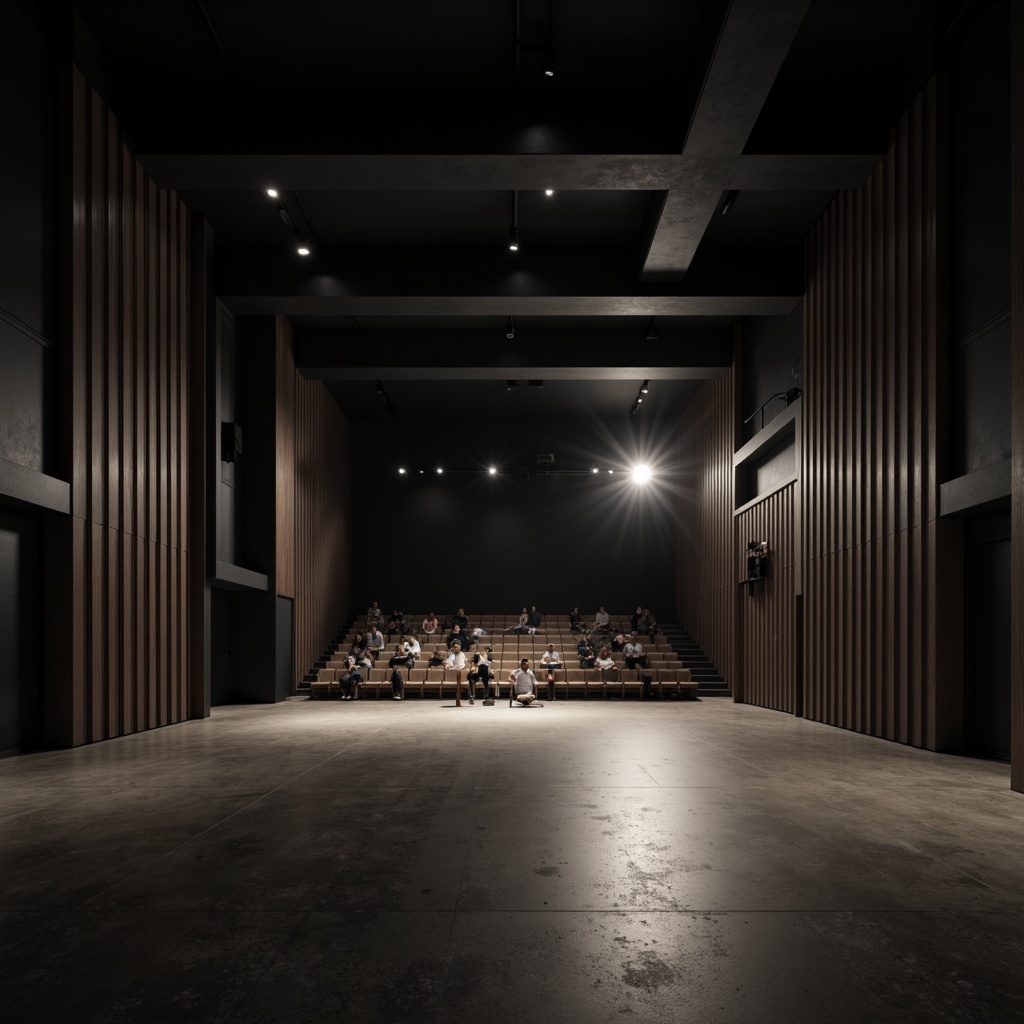 Prompt: Monochromatic theater interior, sleek minimalist design, neutral color palette, soft warm lighting, subtle texture contrast, polished concrete floors, matte black walls, elegant wooden accents, simple geometric shapes, understated decorative elements, sparse audience seating, intimate performance space, dramatic spotlights, high-contrast shadows, cinematic atmosphere, 1/1 composition, shallow depth of field, realistic render.