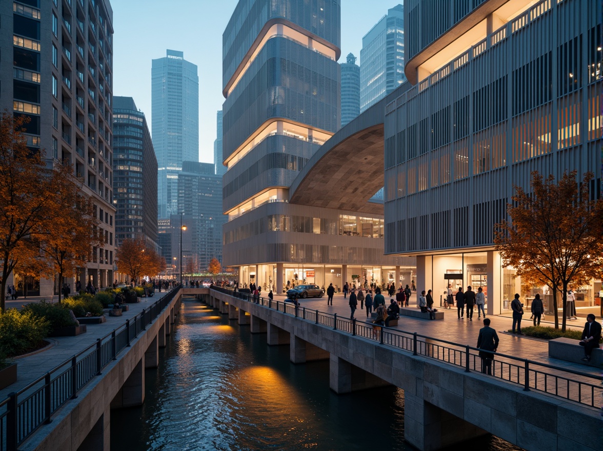 Prompt: Dramatic bridge architecture, fusion of modern curves, striking facades, gleaming metallic surfaces, vibrant LED lighting, urban cityscape, bustling streets, dynamic water flow, misty atmosphere, warm golden hour, shallow depth of field, 1/2 composition, cinematic view, realistic reflections, ambient occlusion.