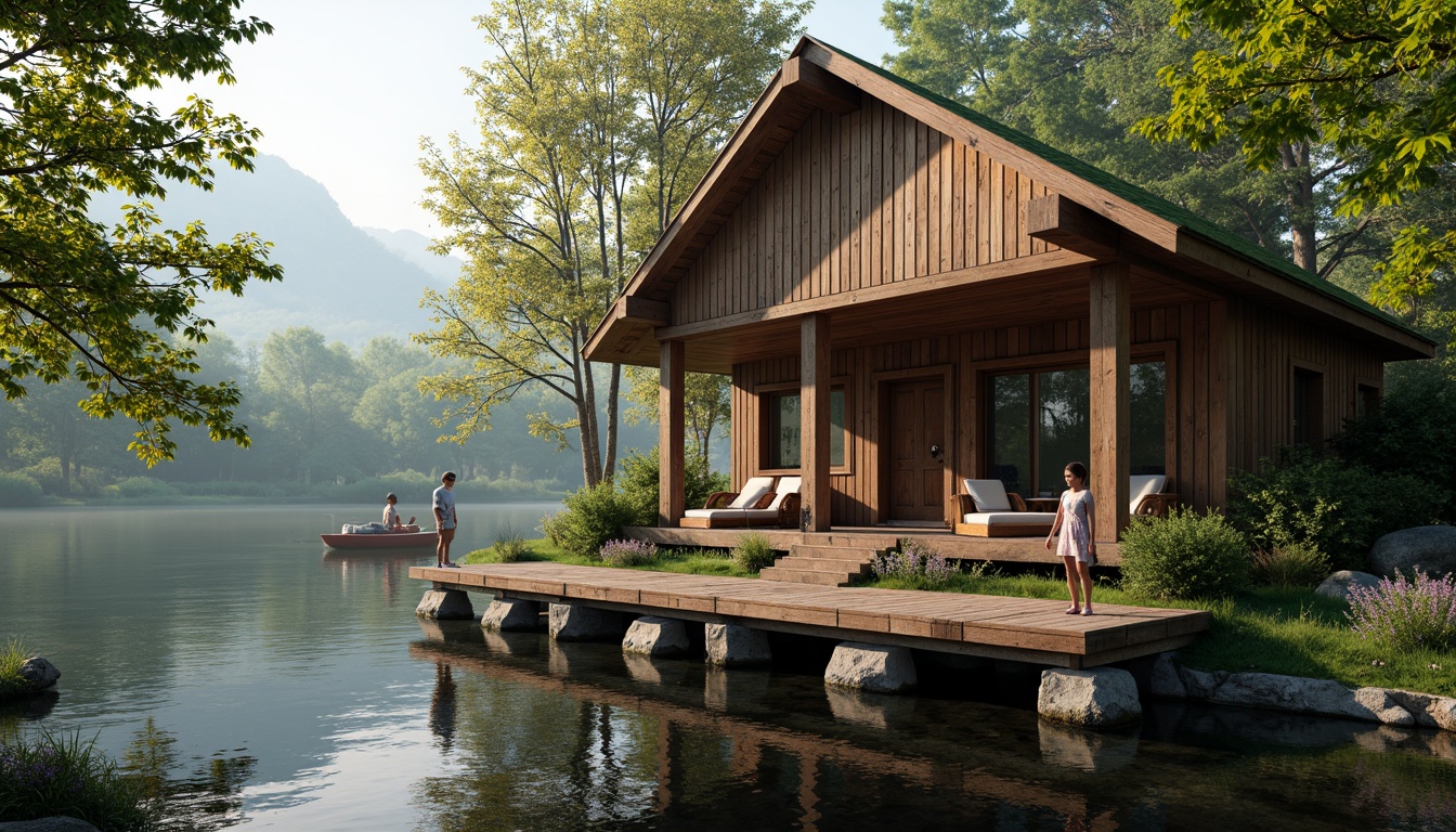 Prompt: Rustic wooden boathouse, weathered planks, distressed finishes, natural stone foundations, moss-covered roofs, serene lake surroundings, calm water reflections, lush greenery, overhanging trees, warm sunlight filtering, soft misty atmosphere, shallow depth of field, 1/2 composition, realistic textures, ambient occlusion, wooden dock, nautical ropes, sailboat moorings, aquatic life, subtle color palette, earthy tones, natural materials, cozy interior ambiance.