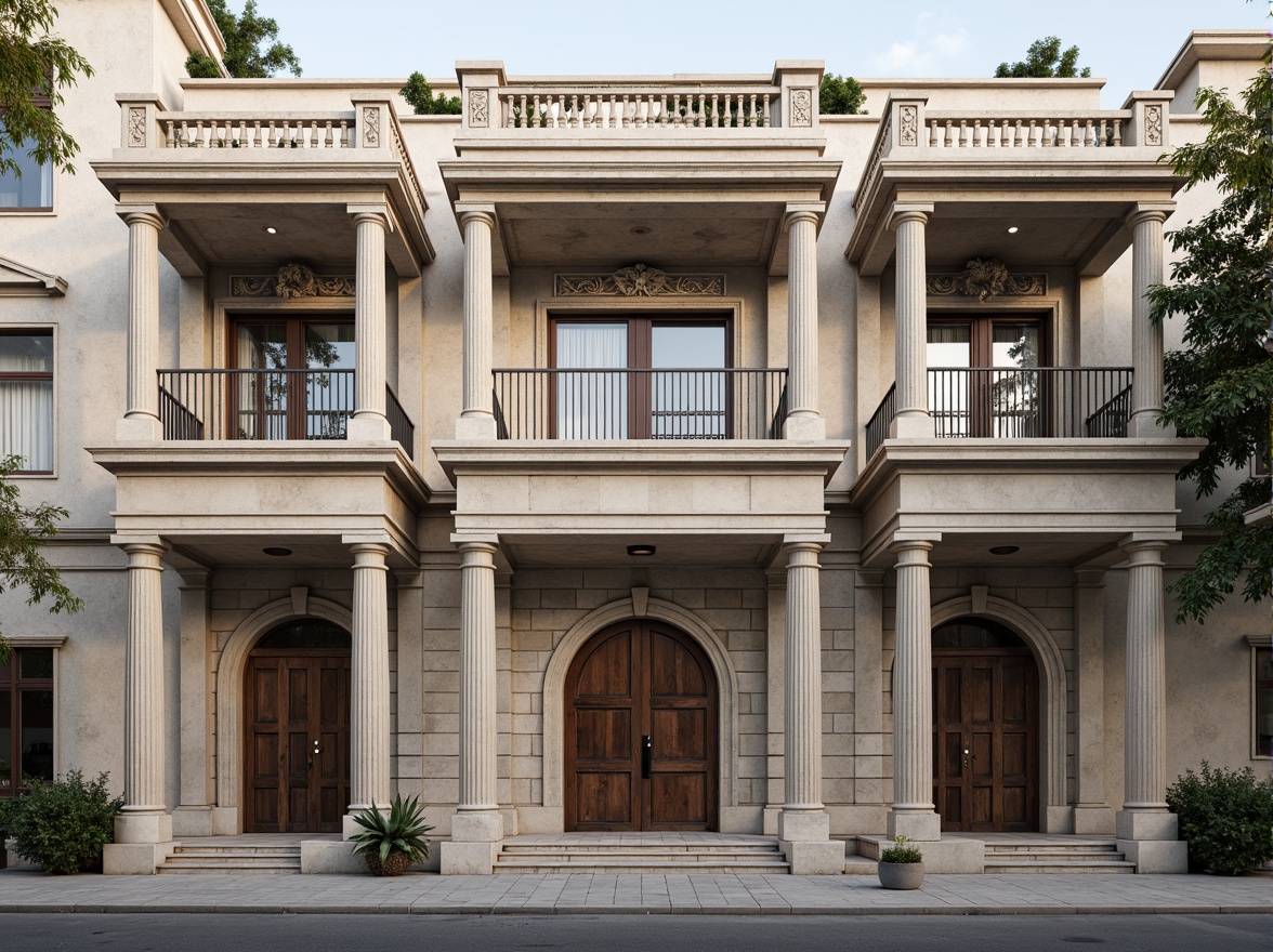 Prompt: Grandiose classical facade, ornate columns, intricately carved details, symmetrical composition, majestic entrance, sweeping arches, rusticated stone walls, ornamental balconies, decorative cornices, grand pediments, imposing scale, subtle color palette, soft natural lighting, shallow depth of field, 2/3 composition, realistic textures, ambient occlusion.