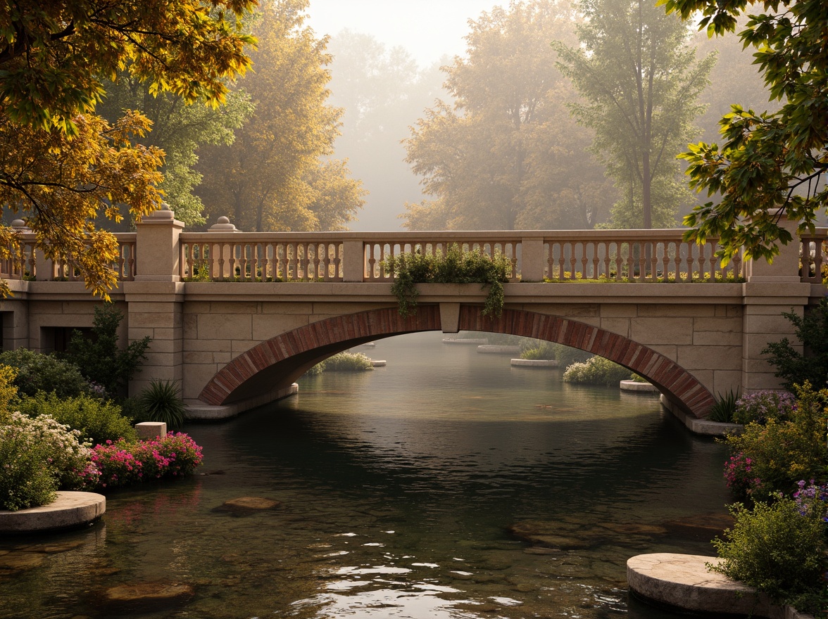 Prompt: Rustic stone bridges, ornate balustrades, weathered wooden railings, warm beige stonework, earthy red brick arches, moss-covered piers, soft golden lighting, misty atmospheric effects, serene river waters, lush greenery, vibrant floral arrangements, intricate carvings, classical architectural details, subtle texture overlays, realistic stone normal maps, cinematic camera angles, 1/2 composition, warm color grading.