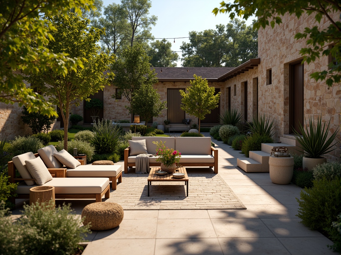 Prompt: Cozy patio, lush greenery, vibrant flowers, comfortable seating areas, wooden benches, rustic stone walls, warm string lights, soft cushions, natural textiles, earthy color palette, serene ambiance, gentle breeze, sunny afternoon, shallow depth of field, 3/4 composition, panoramic view, realistic textures, ambient occlusion.