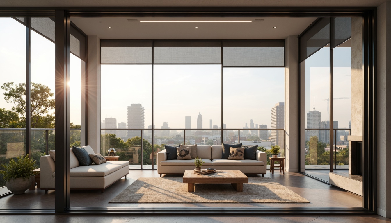 Prompt: Minimalist living room, floor-to-ceiling windows, sleek metal frames, automated blinds, solar shades, thermal insulation, energy-efficient glazing, soundproofing technology, urban cityscape views, morning sunlight, soft warm lighting, shallow depth of field, 3/4 composition, panoramic view, realistic textures, ambient occlusion, modern interior design, luxurious fabrics, subtle patterns, metallic accents.