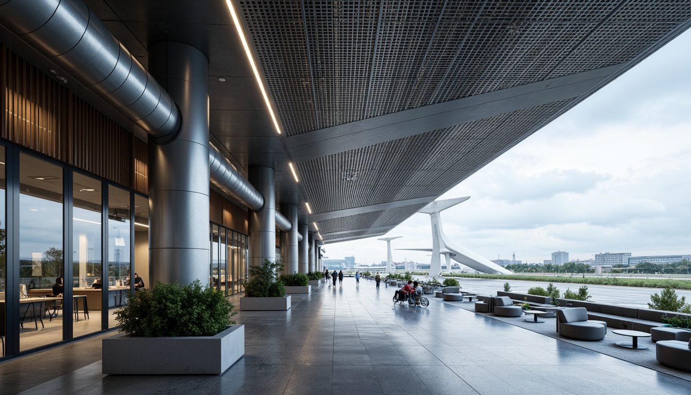 Prompt: Aerodynamic airport terminal, metallic latticework fa\u00e7ade, polished steel columns, exposed ductwork, industrial concrete floors, minimalist seating areas, futuristic LED lighting, dynamic angular lines, brutalist architecture, urban cityscape views, cloudy skies, soft diffused natural light, shallow depth of field, 1/1 composition, realistic reflective surfaces, ambient occlusion.