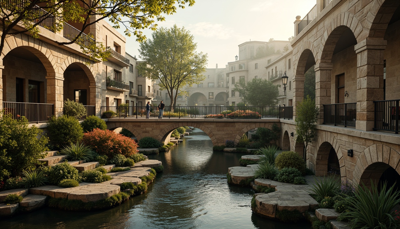 Prompt: Ancient stone bridges, ornate balustrades, rustic arches, weathered stonework, moss-covered piers, gentle water flow, serene riverbanks, lush greenery, vibrant flowers, historic cityscape, warm golden lighting, soft misty atmosphere, shallow depth of field, 3/4 composition, symmetrical architecture, classical ornamental details, intricate carvings, ornate lamp posts, rustic metal railings.