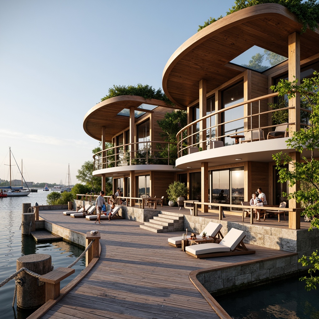 Prompt: Waterfront boathouse, international style, curved rooflines, wooden accents, nautical elements, sailboat-inspired design, ocean views, seaside atmosphere, rustic wood decking, rope railings, porthole windows, copper roofing, greenery overhangs, natural stone foundations, modern minimalist interior, large skylights, soft warm lighting, shallow depth of field, 1/1 composition, realistic textures, ambient occlusion.