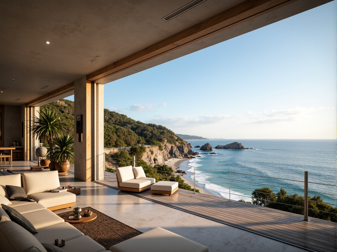 Prompt: Panoramic ocean views, south-facing orientation, floor-to-ceiling windows, sliding glass doors, open-plan living areas, minimalist interior design, natural stone flooring, wooden accents, abundant sunlight, warm ambient lighting, shallow depth of field, 3/4 composition, realistic textures, ambient occlusion, coastal landscape, sandy beaches, rocky shores, dramatic cliffside settings, serene atmosphere, gentle sea breeze.