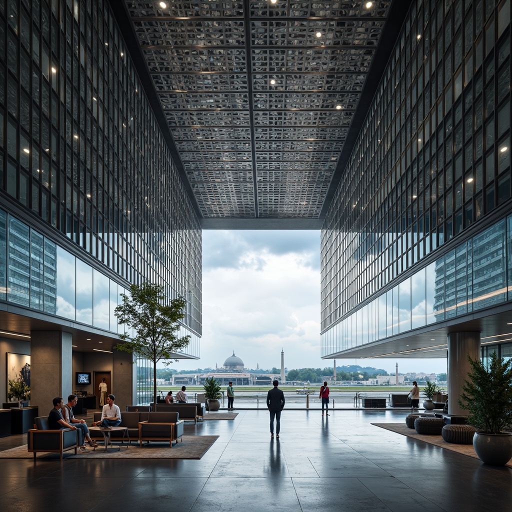 Prompt: Aerodynamic airport terminal, metallic latticework fa\u00e7ade, polished steel columns, exposed ductwork, industrial concrete floors, minimalist seating areas, futuristic LED lighting, dynamic angular lines, brutalist architecture, urban cityscape views, cloudy skies, soft diffused natural light, shallow depth of field, 1/1 composition, realistic reflective surfaces, ambient occlusion.