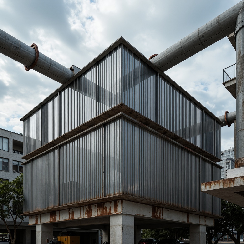 Prompt: Industrial energy plant, metallic fa\u00e7ade, corrugated steel panels, reinforced concrete structures, functional pipes, mechanical equipment, urban landscape, cloudy sky, dramatic lighting, high contrast, 1/2 composition, symmetrical framing, realistic reflections, ambient occlusion, rusted metal textures, worn concrete surfaces, industrial aesthetic, brutalist architecture, functional design, sustainable energy solutions.