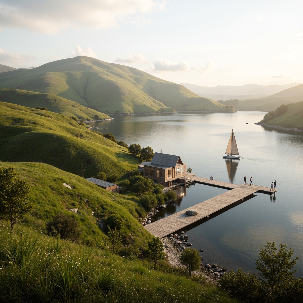 Prompt: Rolling hills, lush green meadows, serene lakeside, wooden docks, sailboats, misty morning, warm sunlight, soft focus, shallow depth of field, 3/4 composition, panoramic view, realistic textures, ambient occlusion, modern eco-friendly architecture, sustainable design, natural stone walls, reclaimed wood accents, floor-to-ceiling windows, sliding glass doors, minimalist interior, organic shapes, earthy color palette, seamless integration with nature.