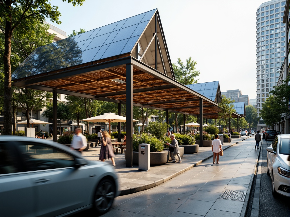 Prompt: Eco-friendly charging station, recycled metal framework, solar panels, green roofs, living walls, natural stone flooring, energy-efficient LED lighting, minimalist design, angular lines, modern architecture, urban landscape, city streets, busy traffic, electric vehicles, futuristic atmosphere, soft warm glow, shallow depth of field, 3/4 composition, panoramic view, realistic textures, ambient occlusion.