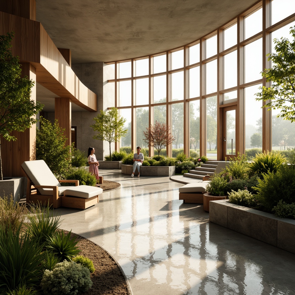 Prompt: Calming hospital interior, soft warm lighting, large windows, transparent glass walls, natural stone floors, wooden accents, soothing color palette, gentle curves, minimalist decor, peaceful ambiance, abundant greenery, lush plants, blooming flowers, serene water features, subtle shading, 1/1 composition, shallow depth of field, realistic textures, ambient occlusion.