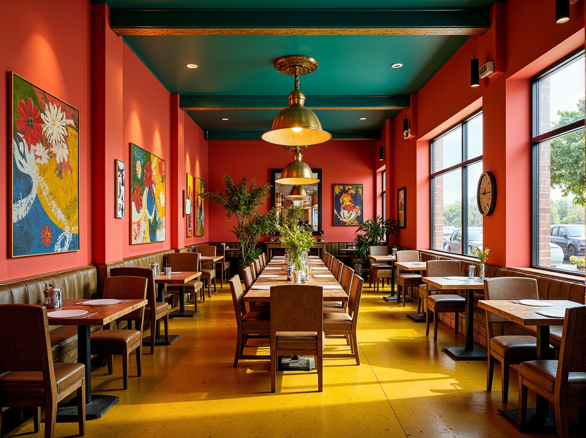 Prompt: Vibrant restaurant interior, expressionist art style, bold color palette, warm golden lighting, rich wood accents, eclectic furniture, abstract artwork, geometric patterns, bright coral walls, deep turquoise ceilings, sunny yellow floors, distressed metal decorations, reclaimed wood textures, industrial chic atmosphere, dramatic shadows, high contrast ratio, 1/2 composition, cinematic lighting, realistic reflections.