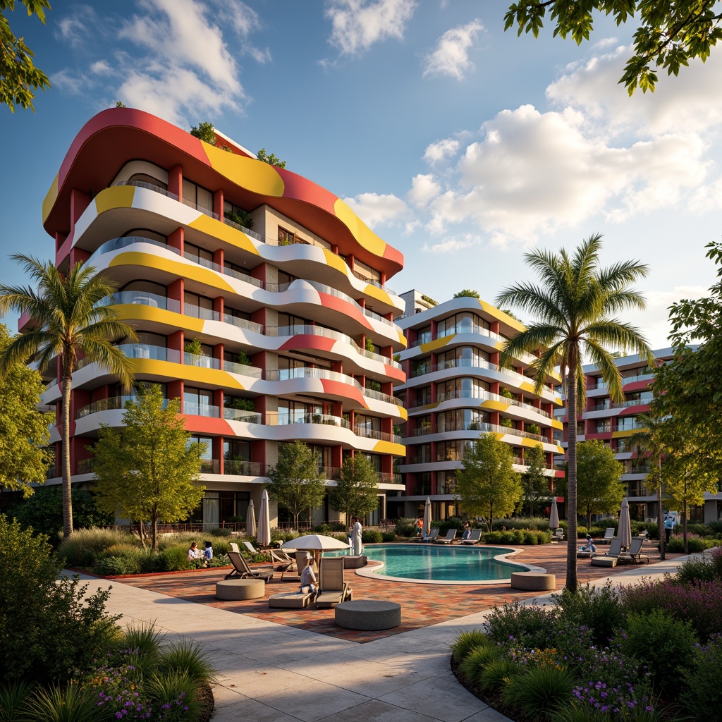 Prompt: Vibrant hotel facade, undulating curves, bold color blocking, abstract patterns, eclectic furniture, whimsical lighting fixtures, lush green roofs, meandering walkways, organic-shaped pools, tropical plants, exotic flowers, warm sunny day, dramatic cloud formations, cinematic composition, high contrast lighting, vivid textures, stylized reflections, artistic freedom, expressive brushstrokes.