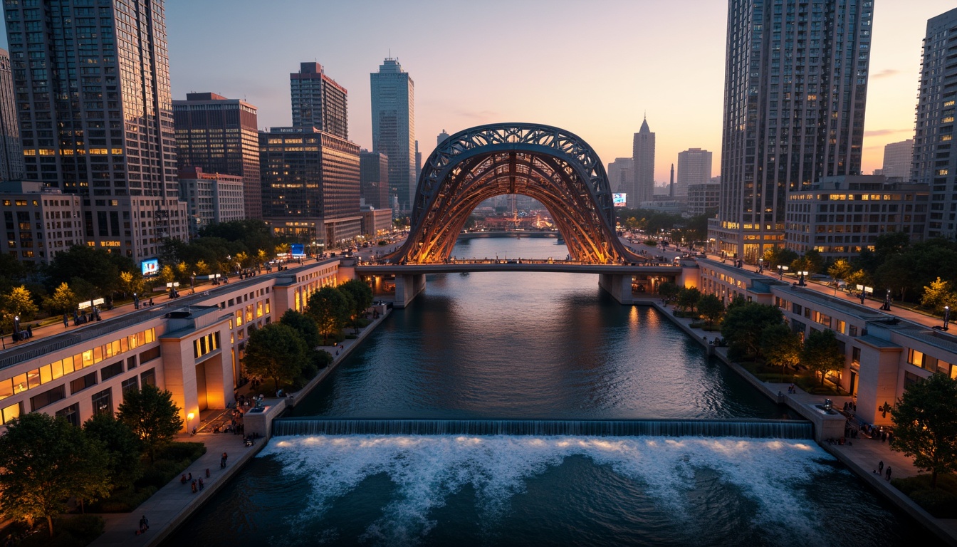 Prompt: Dramatic bridge architecture, fusion of modern curves, striking facades, gleaming metallic surfaces, vibrant LED lighting, urban cityscape, bustling streets, dynamic water flow, misty atmosphere, warm golden hour, shallow depth of field, 1/2 composition, cinematic view, realistic reflections, ambient occlusion.