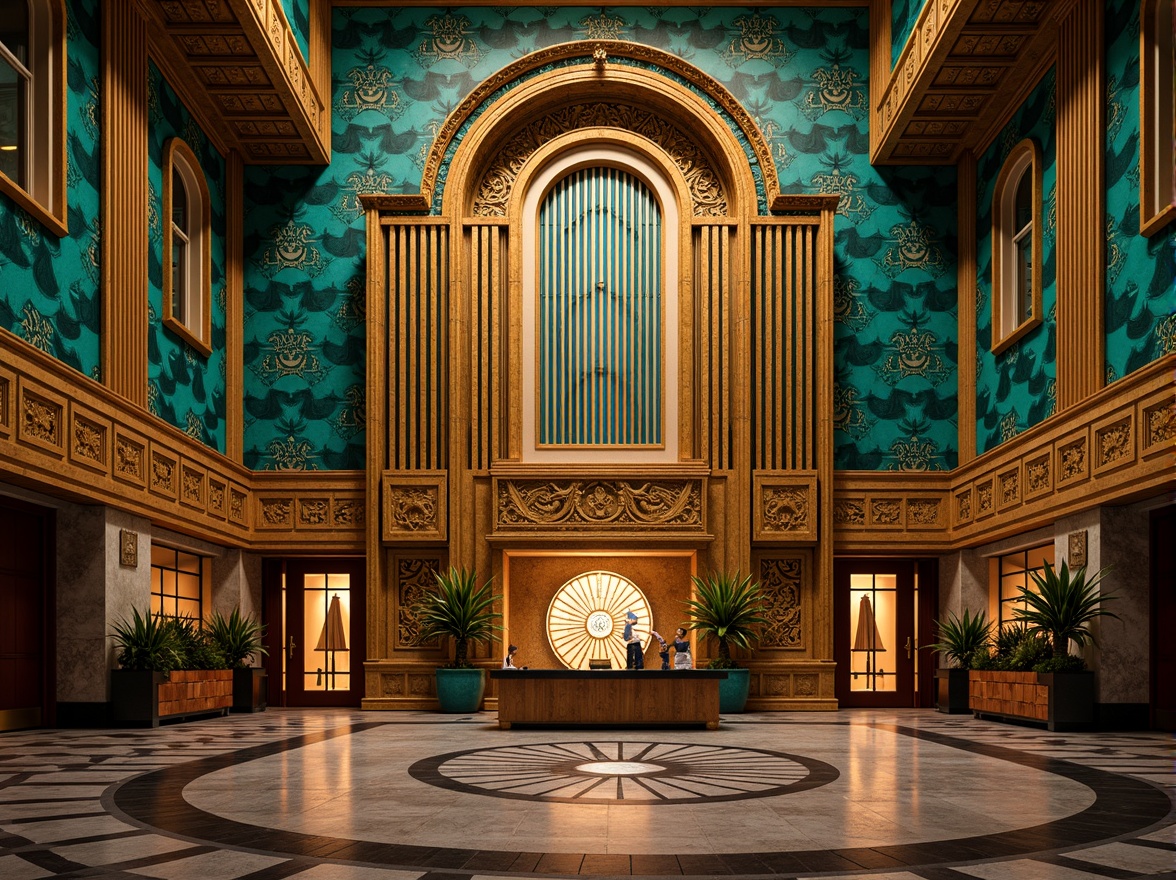 Prompt: Opulent Art Deco monument, lavish golden accents, rich bronze tones, vibrant turquoise mosaics, geometric patterns, ornate metalwork, luxurious marble surfaces, bold black outlines, stylized floral motifs, sunburst designs, zigzag patterns, metallic sheen, warm ambient lighting, shallow depth of field, 1/1 composition, symmetrical framing, high-contrast colors, intricate textures, realistic reflections.