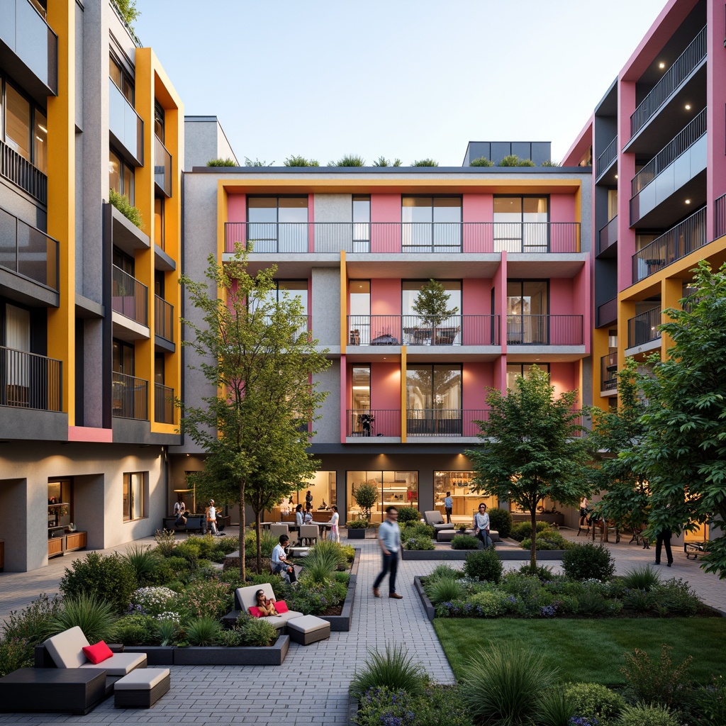 Prompt: Vibrant student dormitory, modern facade design, bold color blocking, large windows, natural stone cladding, metal railings, green roofs, solar panels, outdoor seating areas, landscaped courtyards, pedestrian walkways, bike racks, communal kitchens, cozy lounges, minimalist decor, soft warm lighting, shallow depth of field, 3/4 composition, panoramic view, realistic textures, ambient occlusion.