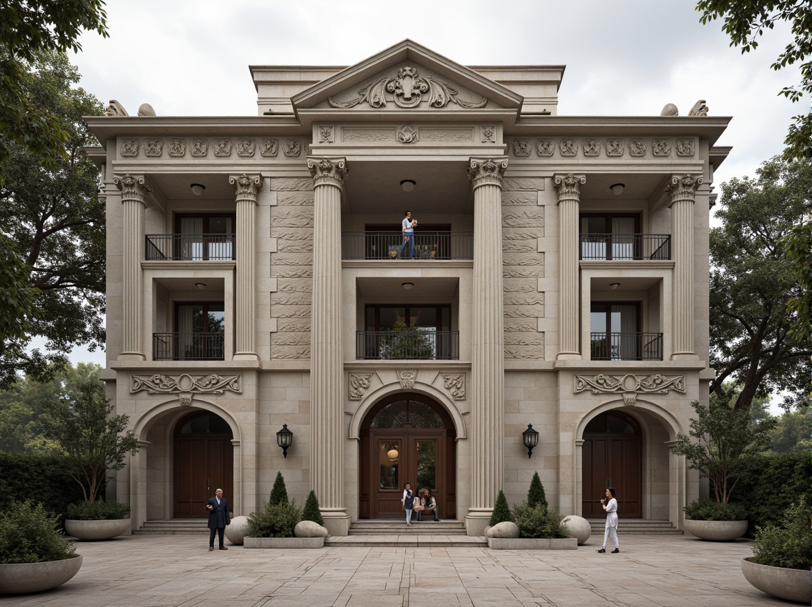 Prompt: Grandiose classical facade, ornate columns, intricately carved details, symmetrical composition, majestic entrance, sweeping arches, rusticated stone walls, ornamental balconies, decorative cornices, grand pediments, imposing scale, subtle color palette, soft natural lighting, shallow depth of field, 2/3 composition, realistic textures, ambient occlusion.