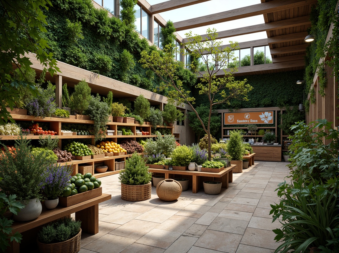 Prompt: Vibrant green walls, living plants, natural stone flooring, reclaimed wood accents, earthy color palette, organic produce displays, botanical-inspired signage, rustic wooden crates, woven basket shelves, abundant natural light, clerestory windows, skylights, warm ambient lighting, 3/4 composition, shallow depth of field, realistic textures, ambient occlusion.