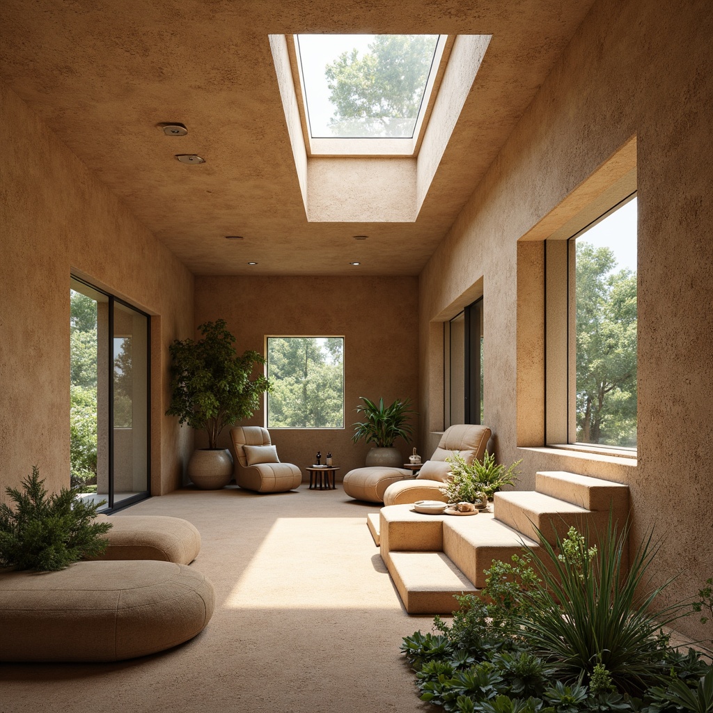 Prompt: Earthy rammed earth walls, natural textures, organic forms, sustainable architecture, eco-friendly materials, rustic charm, warm beige tones, rough-hewn surfaces, modern minimalist design, large windows, clerestory lighting, open floor plans, cozy nooks, nature-inspired color palette, soft diffused light, shallow depth of field, 1/1 composition, realistic renderings, ambient occlusion.