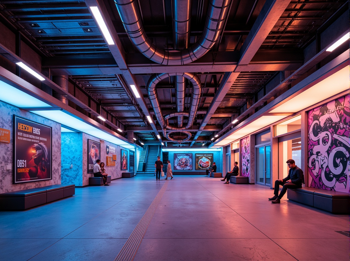 Prompt: Vibrant metro station, eclectic interior design, futuristic architecture, neon lights, metallic accents, industrial chic, exposed ductwork, polished concrete floors, geometric patterns, bold color schemes, dynamic LED installations, urban graffiti, modern art pieces, sleek benches, minimalist signage, atmospheric lighting, shallow depth of field, 1/1 composition, realistic textures, ambient occlusion.