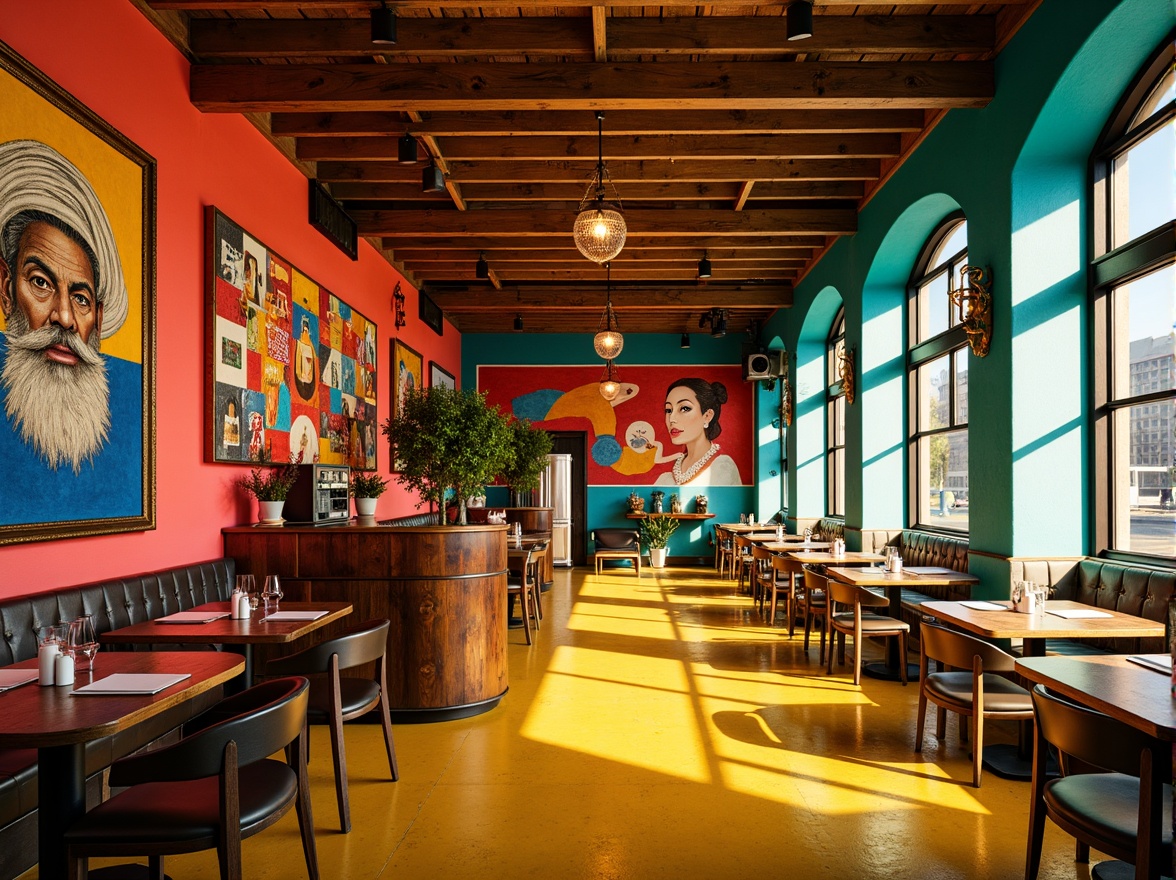 Prompt: Vibrant restaurant interior, expressionist art style, bold color palette, warm golden lighting, rich wood accents, eclectic furniture, abstract artwork, geometric patterns, bright coral walls, deep turquoise ceilings, sunny yellow floors, distressed metal decorations, reclaimed wood textures, industrial chic atmosphere, dramatic shadows, high contrast ratio, 1/2 composition, cinematic lighting, realistic reflections.