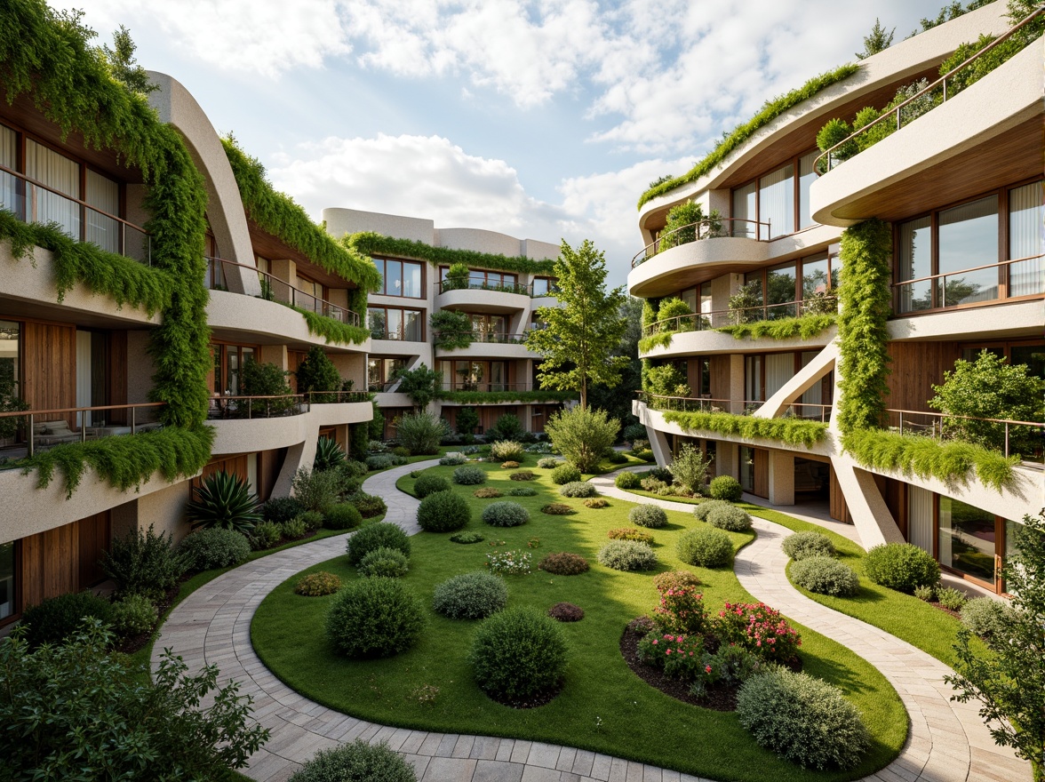 Prompt: Vibrant green roofs, lush vegetation walls, natural stone facades, earthy tone buildings, sustainable materials, eco-friendly design, organic shapes, curved lines, minimal ornamentation, calming atmosphere, soft diffused lighting, warm beige tones, moss-covered surfaces, reclaimed wood accents, living walls, breathing buildings, harmonious integration with nature, serene ambiance, 1/1 composition, realistic textures, ambient occlusion.