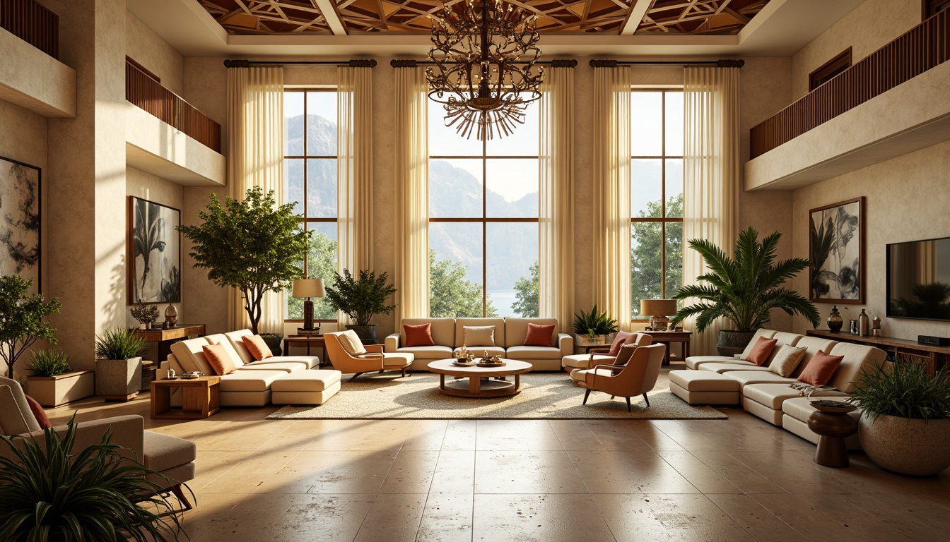 Prompt: Art Deco mansion, ornate metalwork, geometric patterns, luxurious furnishings, high ceilings, large windows, sliding glass doors, sunlit rooms, bright airy atmosphere, natural light pouring in, warm beige tones, creamy whites, rich wood accents, metallic finishes, lavish chandeliers, grand staircases, opulent textiles, vibrant colors, 1/1 composition, softbox lighting, shallow depth of field, realistic reflections.