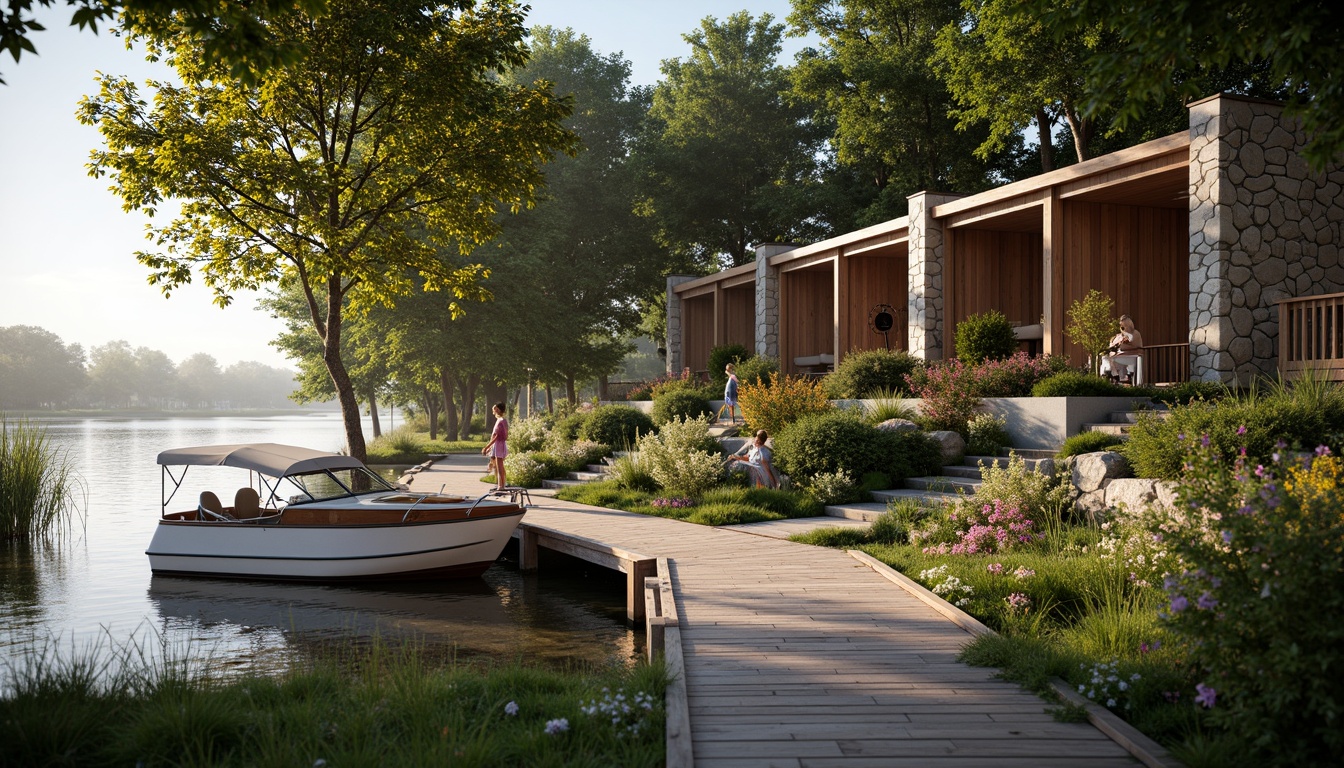 Prompt: Waterfront boathouse, rustic wooden docks, serene lake views, lush greenery, vibrant flowers, natural stone walls, wooden accents, nautical decorations, cozy interior spaces, warm lighting, shallow depth of field, 3/4 composition, panoramic view, realistic textures, ambient occlusion, tranquil atmosphere, soft misty morning, gentle lapping water sounds.